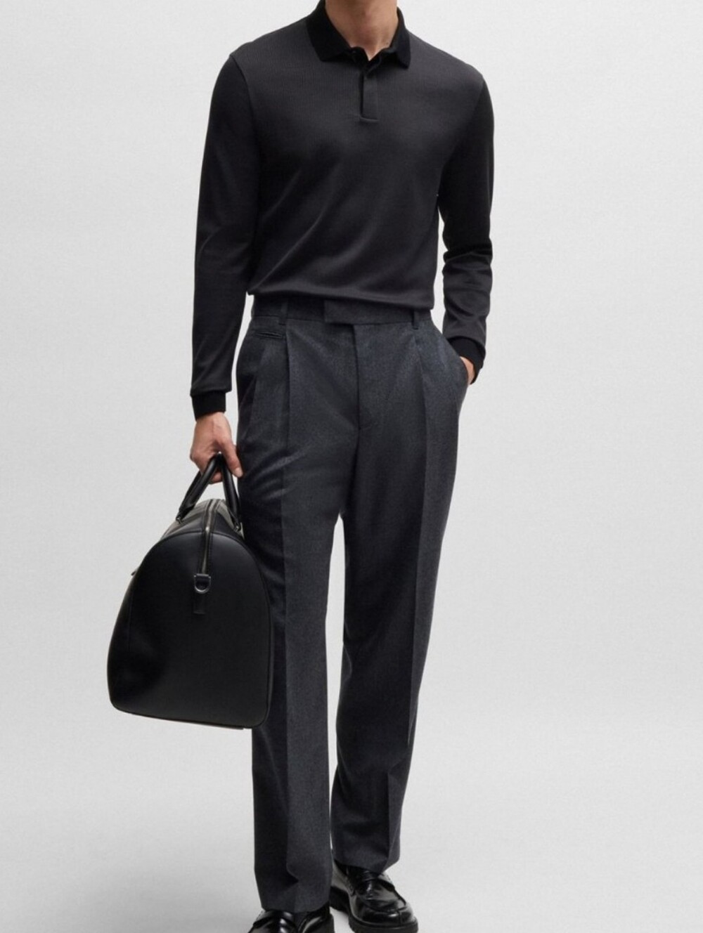 Boss Hugo Boss Men's Long Sleeve Polo - Tailored Charcoal Black Patterned